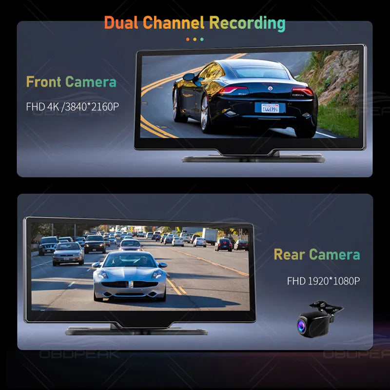 10.26" 4K Dash Cam with Rearview Camera, GPS, Carplay, Voice Control