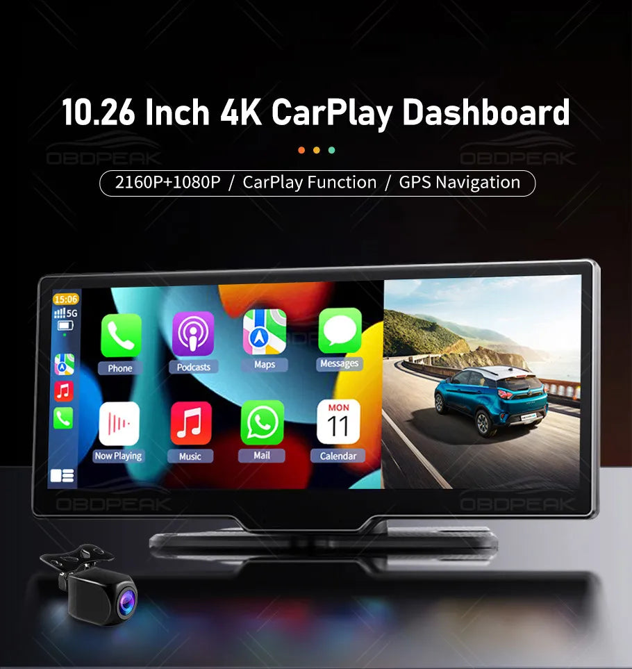 10.26" 4K Dash Cam with Rearview Camera, GPS, Carplay, Voice Control