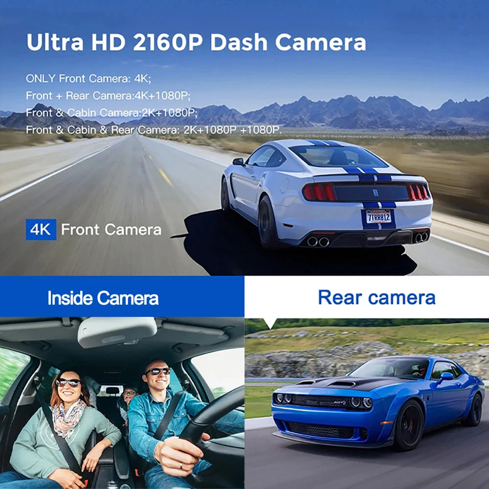 4K Front and Rear View Dash Cam with GPS - Triple Lens Car DVR
